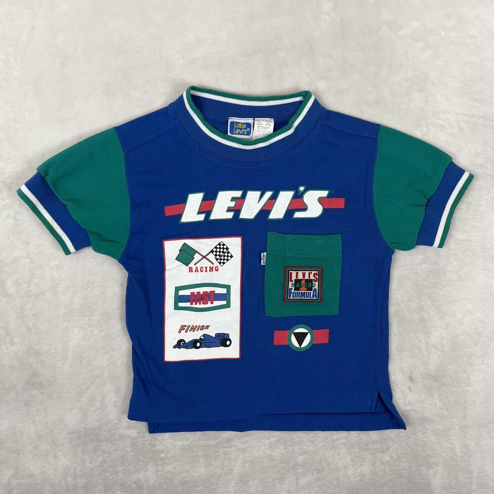 Vintage Little Levi's T-Shirt Kids 5 Blue Ringer Race Car Retro Graphic Tee 90s